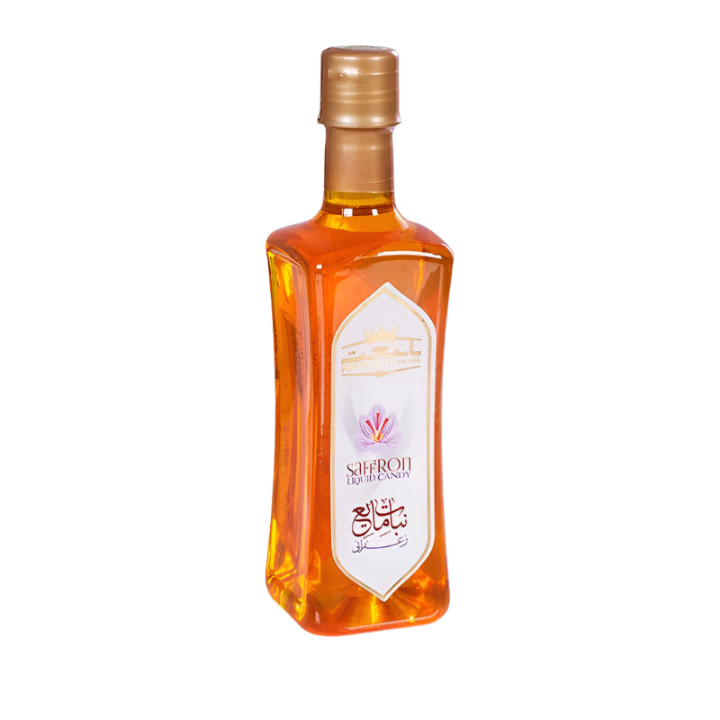 Bottle of saffron liquid candy with a golden cap, offering a luxurious and sweet addition to drinks or desserts.