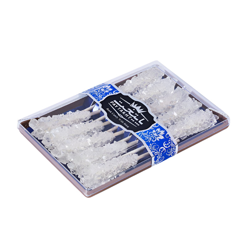 Box of rock candy stirrers with crystal sugar sticks in a clear Paytakht packaging, perfect for adding a sweet touch to beverages.