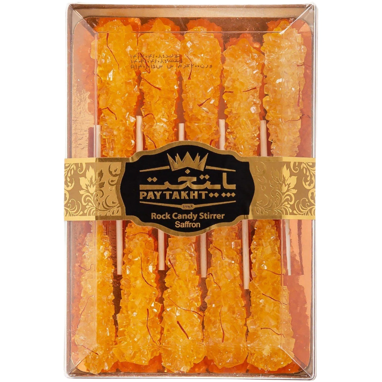 Box of 24 saffron yellow rock candy stirrers in a clear Paytakht packaging, perfect for stirring drinks with a sweet and luxurious touch.