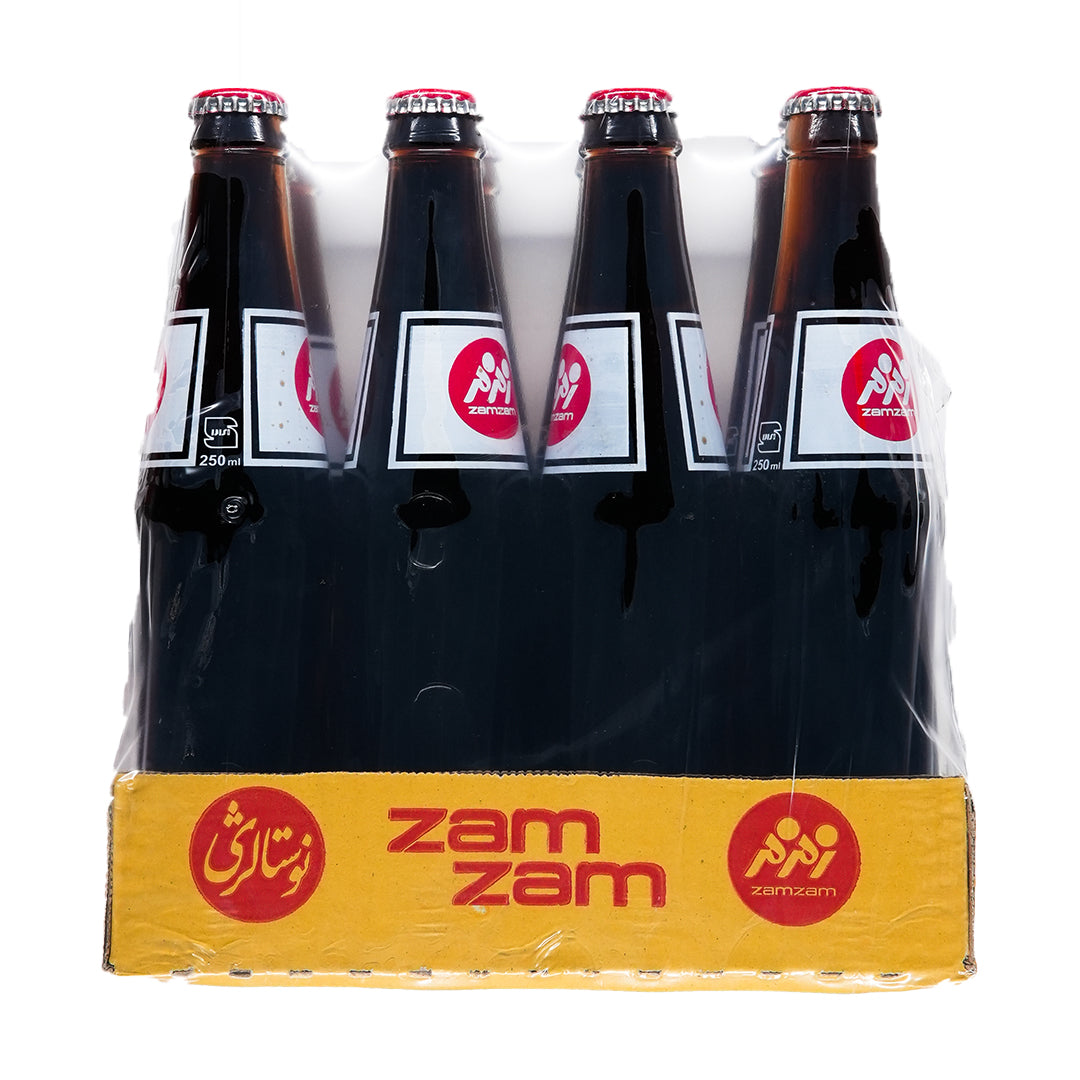 A pack of six Zam Zam soft drink bottles in a transparent packaging with a yellow label, showcasing the brand and product name.