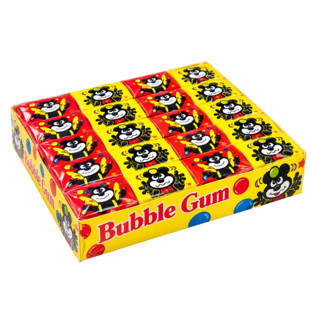 A box of Bubble Gum candy, featuring a bright yellow and red wrapper with cartoon spider graphics and the brand name 'Bubble Gum' printed in red on the front, set against a plain white background.