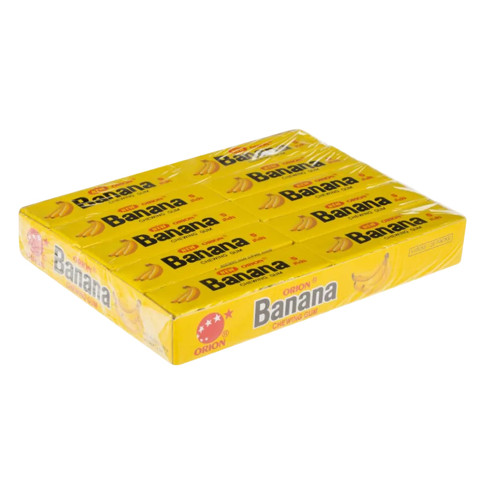 A shrink-wrapped bulk pack of banana-flavored sticks, showing six individual yellow packages stacked together. The packaging features the brand name 'ORION' and 'Banana' in bold text, with illustrations of bananas on a clean white background.