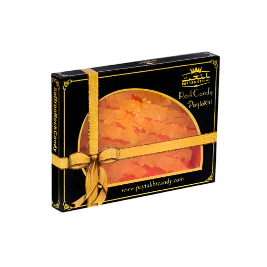 Box of saffron rock candy crystals in a luxurious black and gold packaging, ideal for adding a touch of sweetness to beverages or desserts.