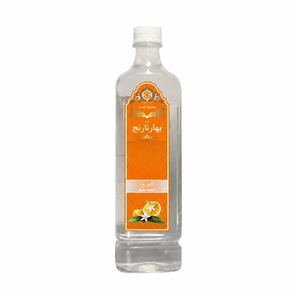 A clear glass bottle of Persian rose oil with a white cap and a prominent orange label featuring the brand name 'Bahr Zarah' in Arabic script and an illustration of a rose.