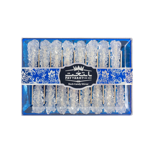 Box of 12 crystal rock candy stirrers in a blue Paytakht packaging, perfect for stirring drinks.