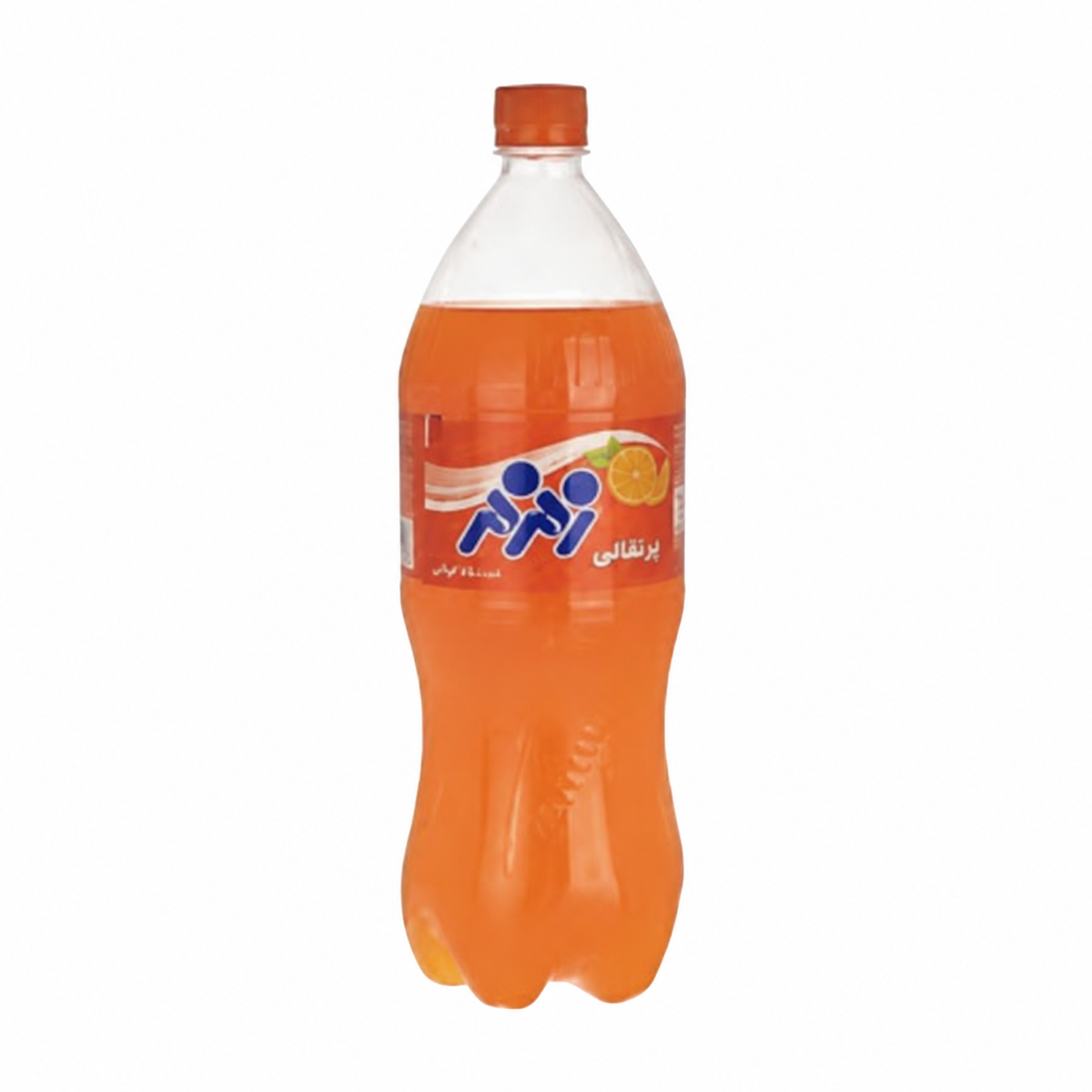 A 2-liter plastic bottle of orange soda with a white and blue label featuring Arabic text and a cartoon logo, set against a plain white background.